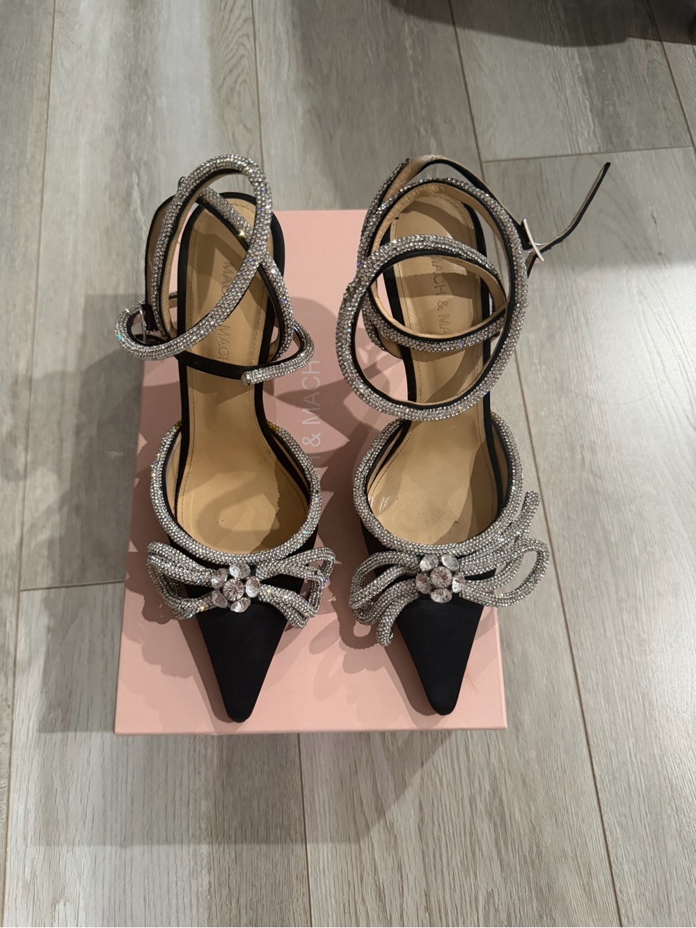 MACH & MACH Black Pointed Crystal Bow Ankle-Wrap Heels